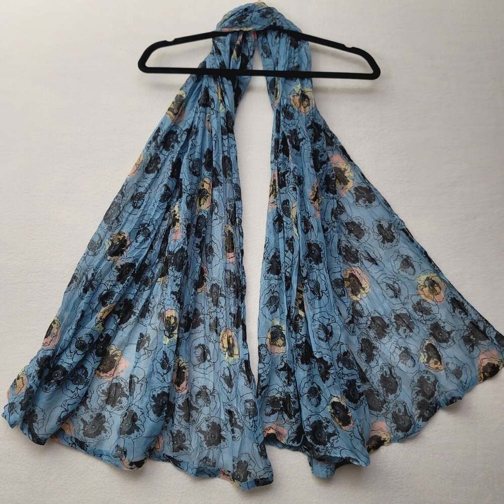 Unbranded Blue Floral Print Crinkle Scarf